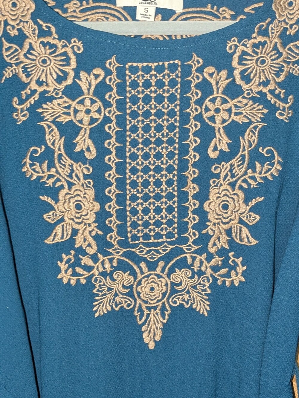 🔥FINAL🔥Ya Los Angeles Teal Embroidered Boho Dress w/ Taupe Trim - Picture 6 of 7